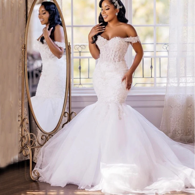 Top Trends: African Elegant Mermaid Wedding Dresses For Bride 2024 Off Shoulder Lace Up Closure Sweep Train Beaded Bridal Gowns Best Selling Shoppable Styles