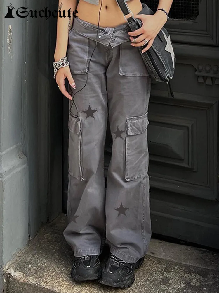 Top Trends: SUCHCUTE Y2K Streetwear Pockets Up Cargo Jeans Gray Star Print Low Rise Gothic Straight Pants Denim Grunge Baggy Pant Vintage Shoppable Styles