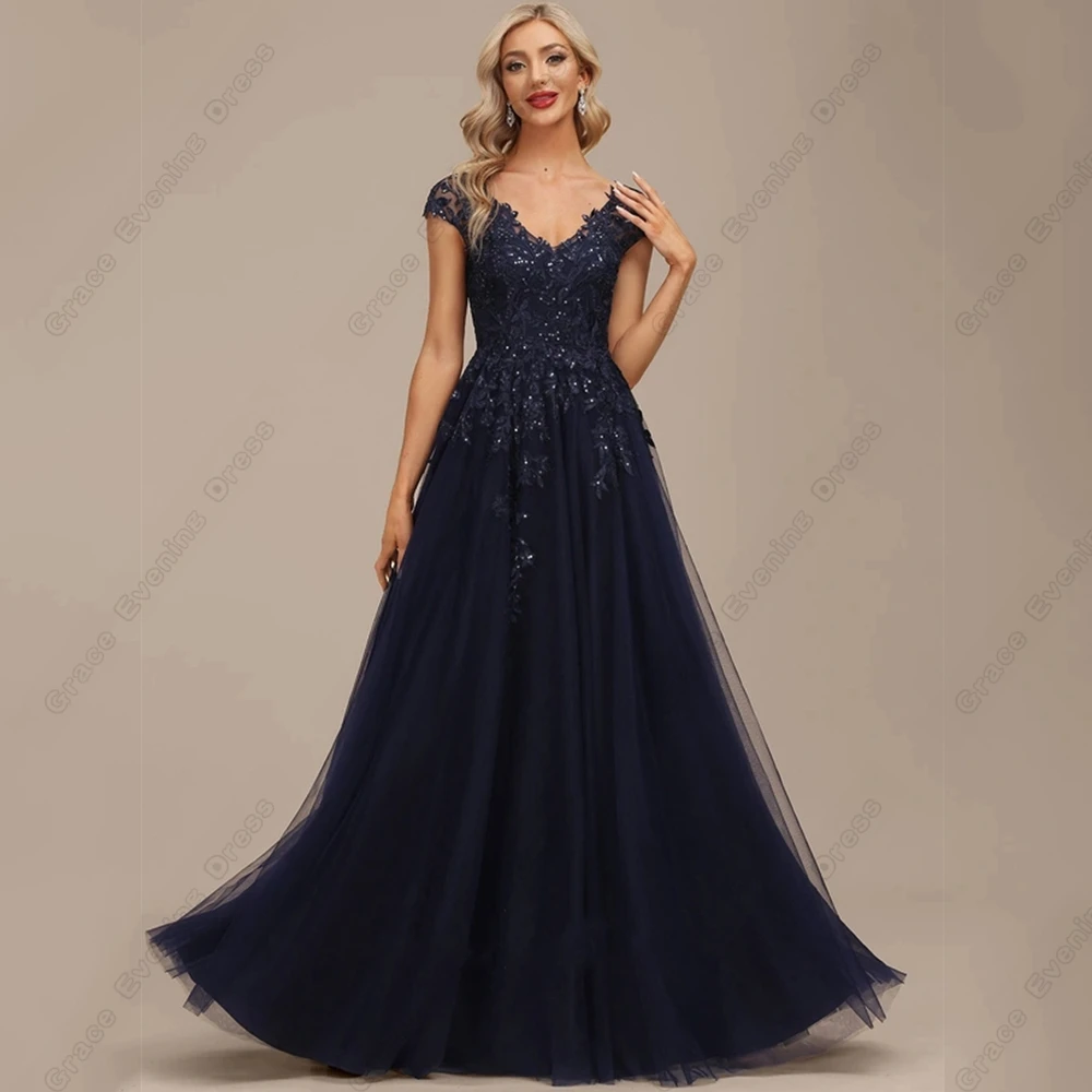 Top Trends: Dark Navy Strapless Mother Of Bride Dresses For Women Cap Sleeve Wedding Party Gown With Lace Soft Tulle Sparkle Vestido De 2023 Shoppable Styles