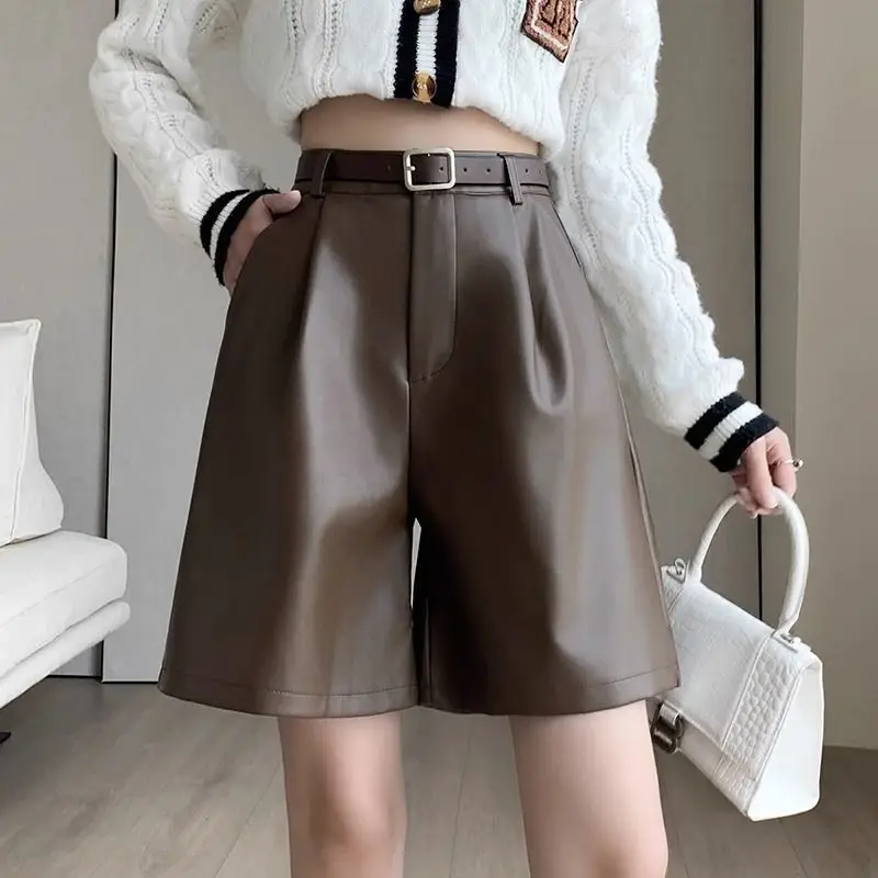 Top Trends: Women's Solid Color 2023 Autumn And Winter Loose High-waisted Zipper Button Leather Shorts Pockets Folds Casual Straight Pants Shoppable Styles