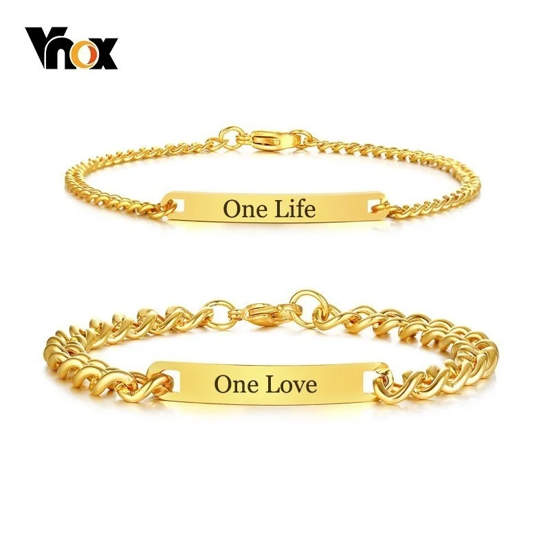 Top Trends: Vnox Gold Tone ID Tag Bracelet For Women Man Custom Free Engraving Name Love Date Stainless Steel Promise Pulseira Couple Gifts Shoppable Styles