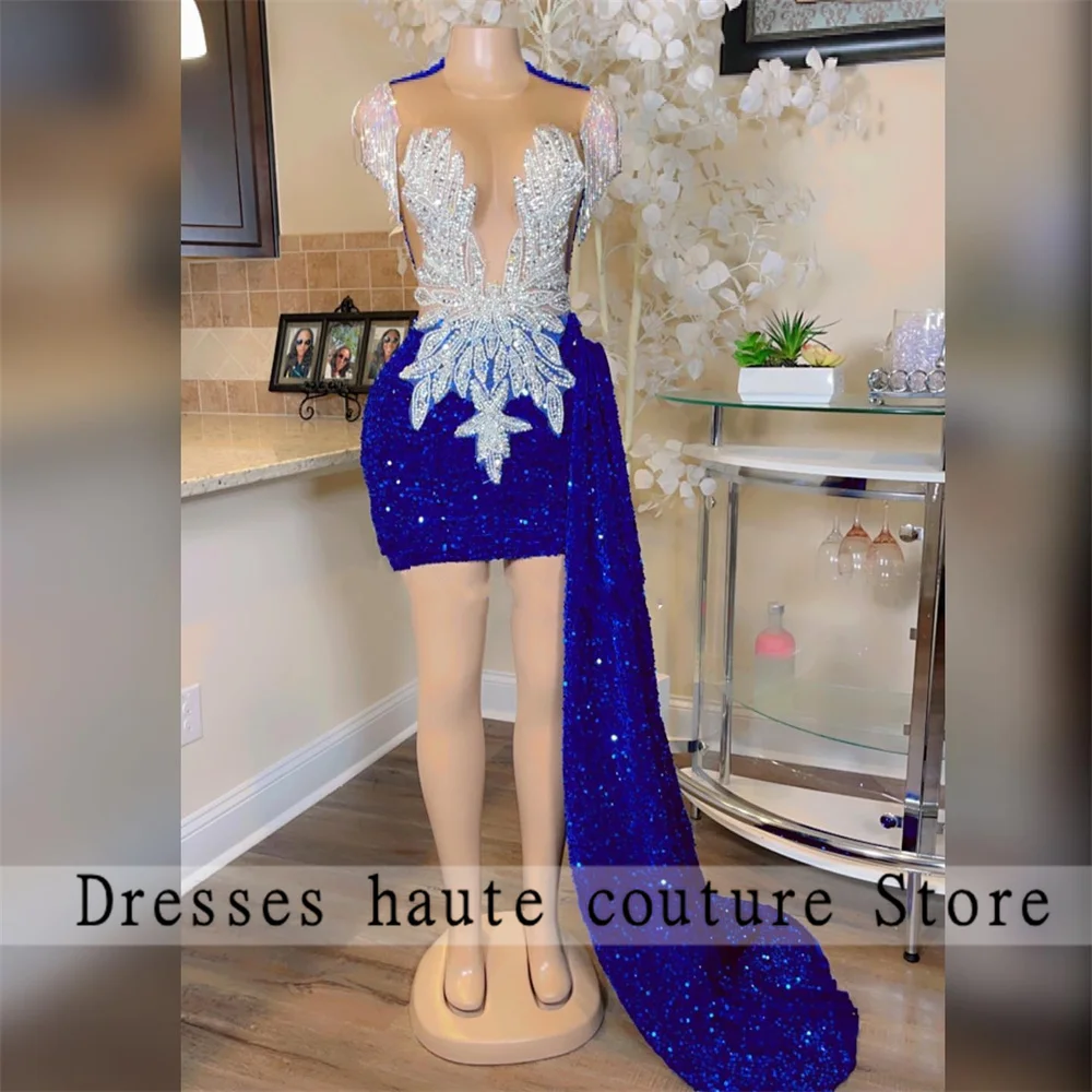 Top Trends: Royal Blue Sequins Beaded Short Mermaid Prom Dresses 2023 With Train Mini Cocktail Gowns Party Dresses Vestidos De Fiesta Shoppable Styles