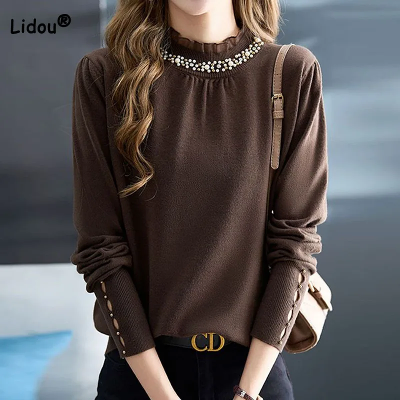 Top Trends: Autumn Winter Temperament Beading Spliced Sweaters For Female Fashion Loose Solid Color Long Sleeve Knitted Tops Women's Cloth Shoppable Styles