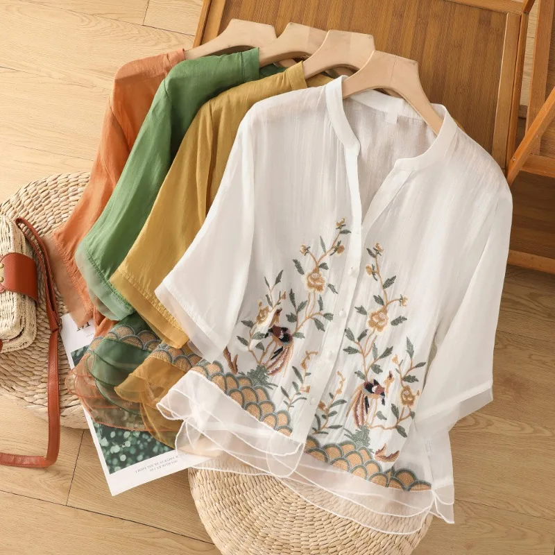 Top Trends: YCMYUNYAN Vintage Embroidery Blouses Ladies Clothing Summer Loose Short Sleeves Cotton Linen Tops Chinese Style Women&#039;s Shirts Shoppable Styles