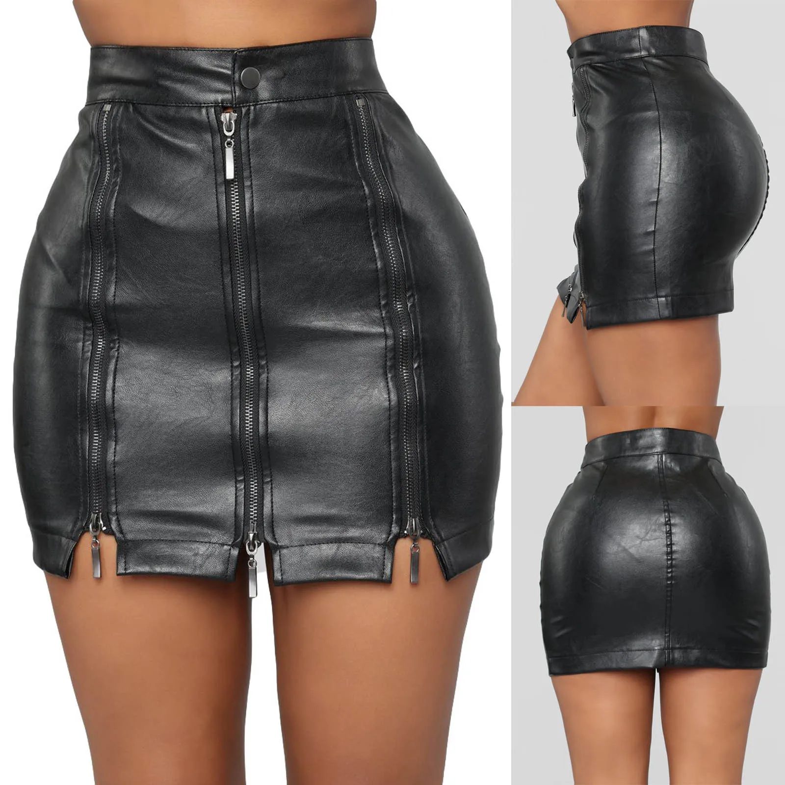 Top Trends: Black PU Leather Skirt Women 2023 New Zipper Patchwork Sexy High Waist Bodycon Split Skirt Female Casual Mini Skirt Streetwear Shoppable Styles