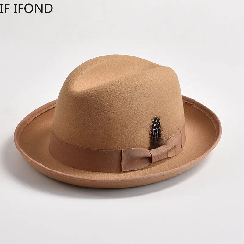 Top Trends: New British Style Wool Felt Fedora Hats For Men Roll Up Brim Homburg Gentleman Church Jazz Hat Party Dress Cap Shoppable Styles