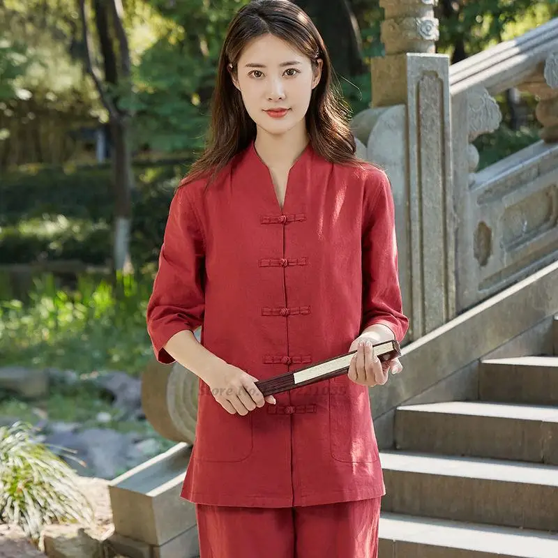 Top Trends: 2024 Women Chinese Traditional Tang Suit Linen Zen Tea Hanfu Cardigan Trousers Suit Ladies Tai Chi Kung Fu Uniform Pants Tops Shoppable Styles - Image 6