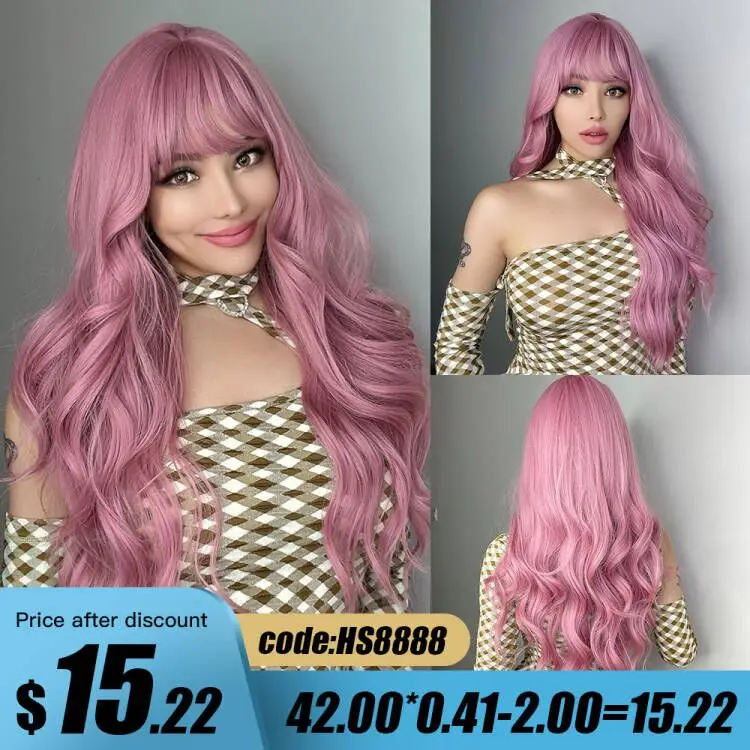 Top Trends: CharmSource Long Natural Wavy Wig With Neat Bangs / Fringe For Women Pink Hair Synthetic Wigs Cosplay Party Heat Resistant Fibre Shoppable Styles