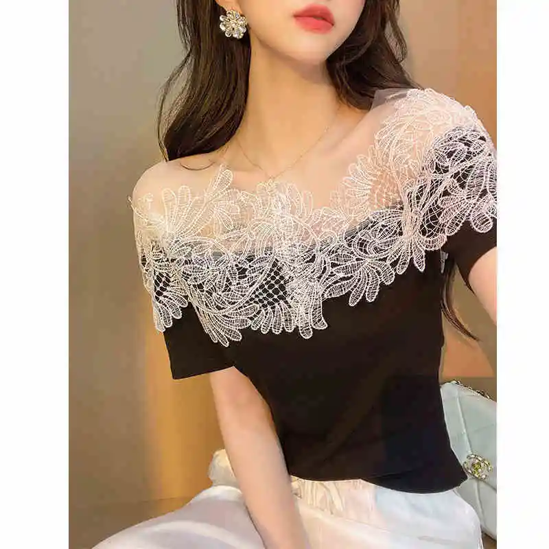 Top Trends: Elegant Spliced Backless Lace Hollow Out Blouse Female Clothing 2023 Summer New Casual Pullovers Loose Office Lady Shirt Shoppable Styles