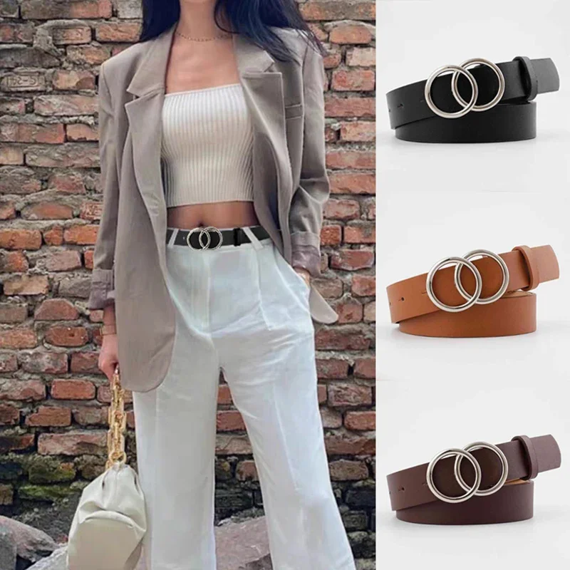 Top Trends: Leisure Double Ring Women Belt Fashion Waist Belt PU Leather Metal Buckle Heart Pin Belts For Ladies Dress Jeans Wild Waistband Shoppable Styles