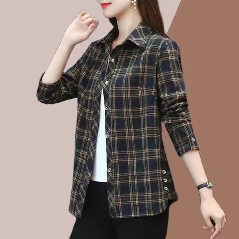 Top Trends: Spring And Autumn New Polo-Neck Shirt Plaid Button Splicing Pockets Loose Casual Versatile Long Sleeves Cardigan Tops Shoppable Styles