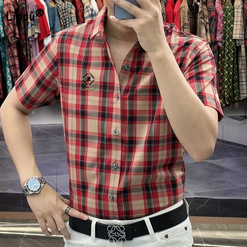 Top Trends: Fashion Vintage Plaid Printed Turn-down Collar Shirt Male Clothes Summer Short Sleeve Casual Trend Men&#039;s Single-breasted Shirts Shoppable Styles