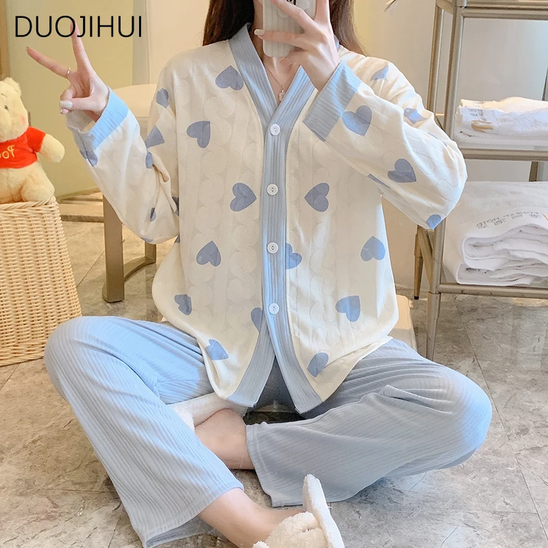 Top Trends: DUOJIHUI Autumn Two Piece Sweet Simple Female Pajamas Set V-neck Cardigan Basic Loose Pant Fashion Casual Home Pajamas For Women Shoppable Styles - Image 3