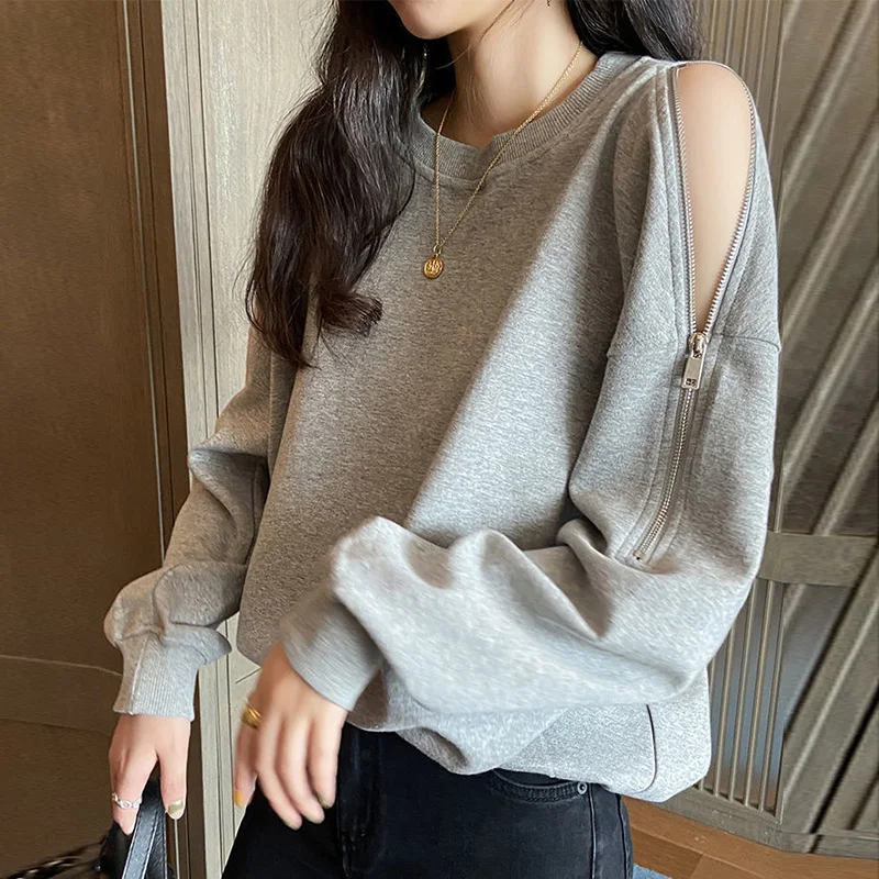 Top Trends: Stylish O-Neck Off Shoulder Zipper T-Shirt Women&#039;s Clothing 2022 Autumn New All-match Casual Pullovers Loose Korean Tee Shirt Shoppable Styles