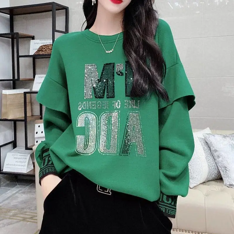 Top Trends: 2023 Spring Autum Stylish Letter Diamonds Pullovers Long Sleeve Casual O-Neck Female Clothing Korean Patchwork Loose Sweatshirts Shoppable Styles