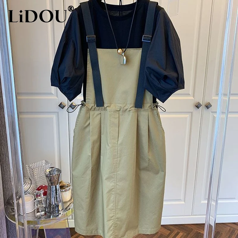 Top Trends: Summer New Two Piece Set Solid Color Round Neck Puff Sleeve Loose T-Shirts + Casual Sling Waist Drawstring Pocket Midi Dress Shoppable Styles