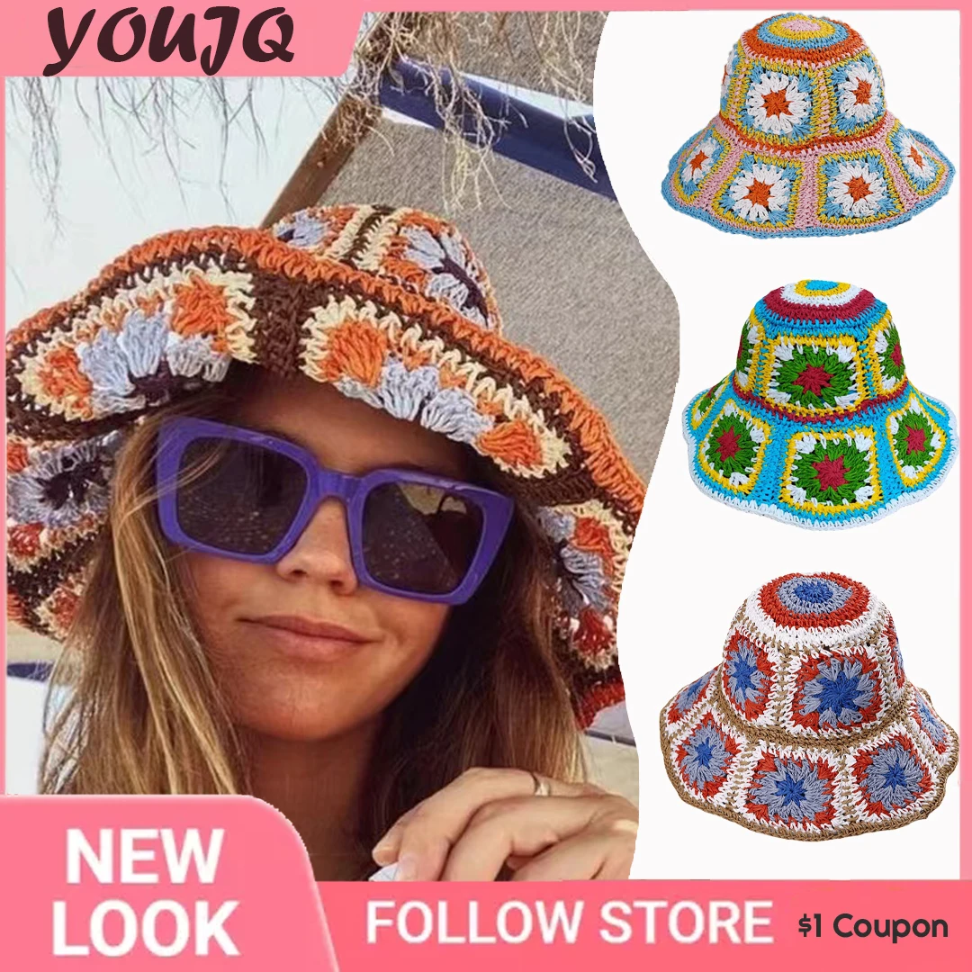 Top Trends: Colorful Raffia Crochet Bucket Hat Handmade Rainbow Straw Granny Square Flowers Summer Beach Sun Fisherman Hat Gorro Piel кепка Shoppable Styles