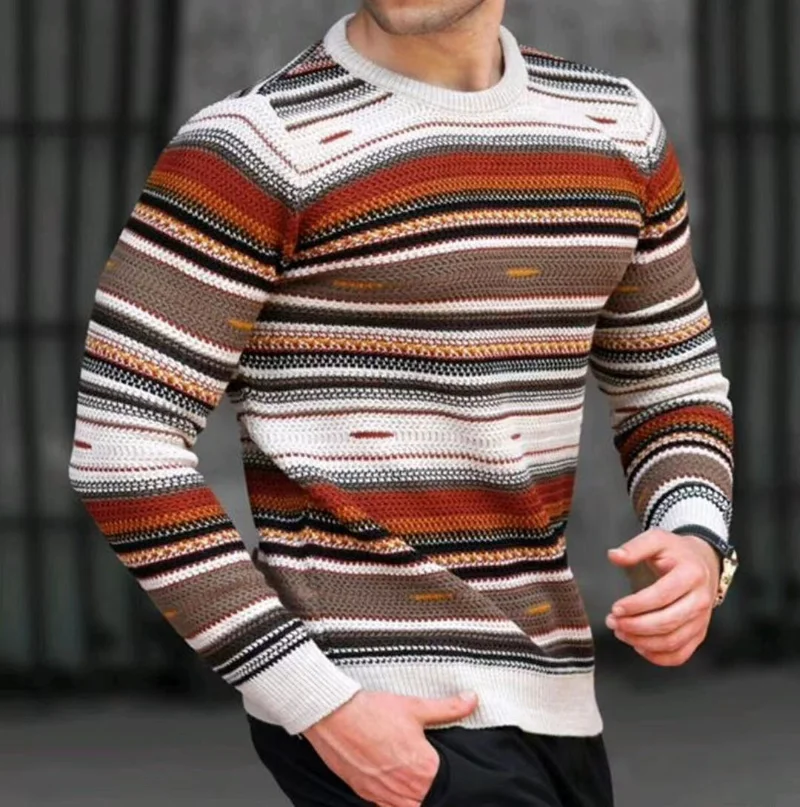 Top Trends: Spring And Autumn Men's Loose Round Neck Sweatshirt Waffle Digital Printing Color Stripe Comfort Casual Sweater Long-sleeved Top Shoppable Styles