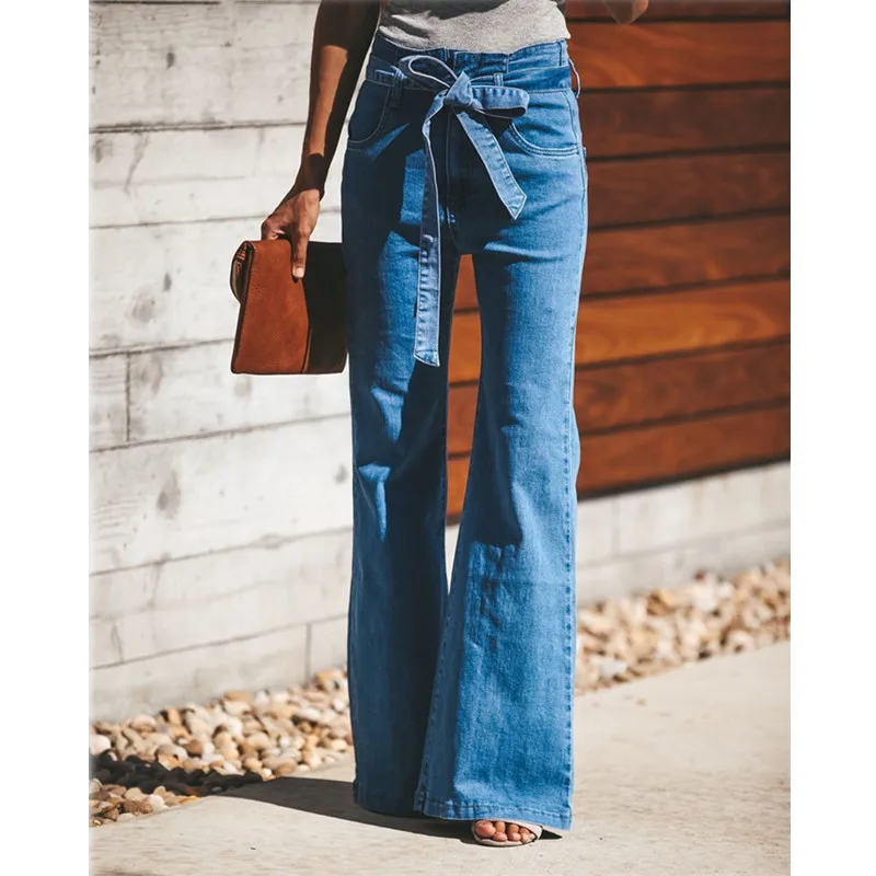 Top Trends: Blue Tie Waist Flare Jeans Women Slim Denim Trousers Vintage Clothes 2021 Spring High Pants Belted Stretchy Wide Leg Shoppable Styles