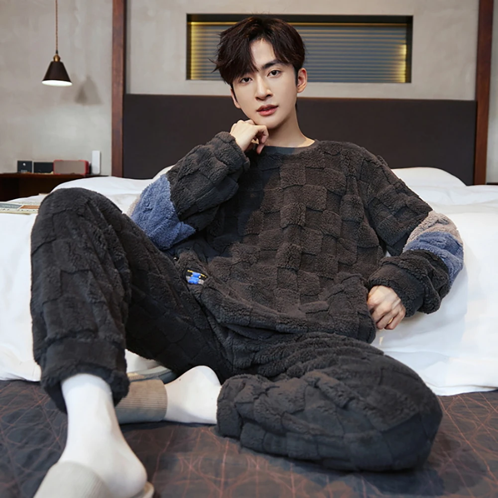 Top Trends: Winter Thicken Flannel Warm Sleepwear For Sleeping Korean Style Men's Patchwork Pajama Set Casual Soft Comfortable Pijama Hombre Shoppable Styles