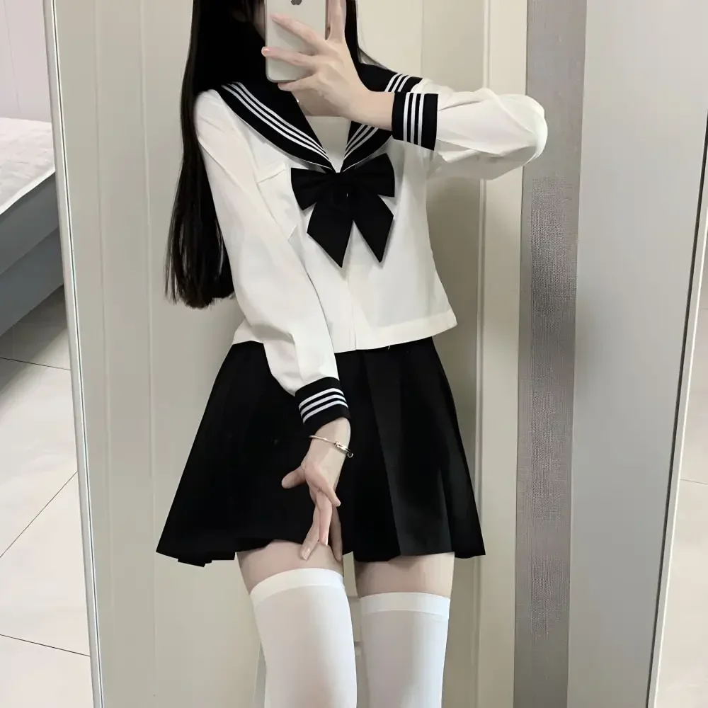 Top Trends: Basic JK Black Collar White Lines School Uniform Girl Sailor Suits Pleated Skirt Japanese Style Clothes Anime COS Costumes Women Shoppable Styles