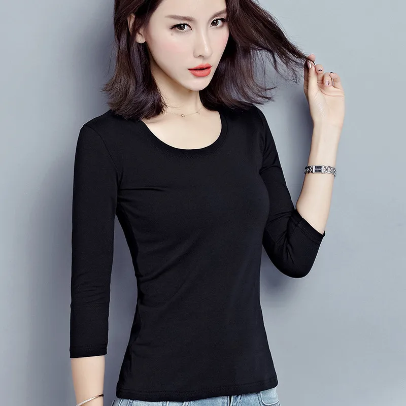 Top Trends: Solid White Black Women Tops Shirt Three Quarter Sleeve Cotton T-Shirt Slim Fit Basic Spring Summer Tees O Neck Casual 2023 New Shoppable Styles