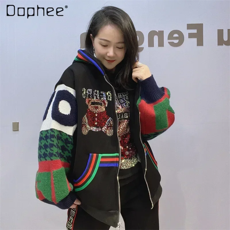 Top Trends: Cartoon Bear Thickened Coat Female Autumn Winter Loose Knitting Stitching Long Sleeve Color Matching Rhinestone Hooded Jacket Shoppable Styles