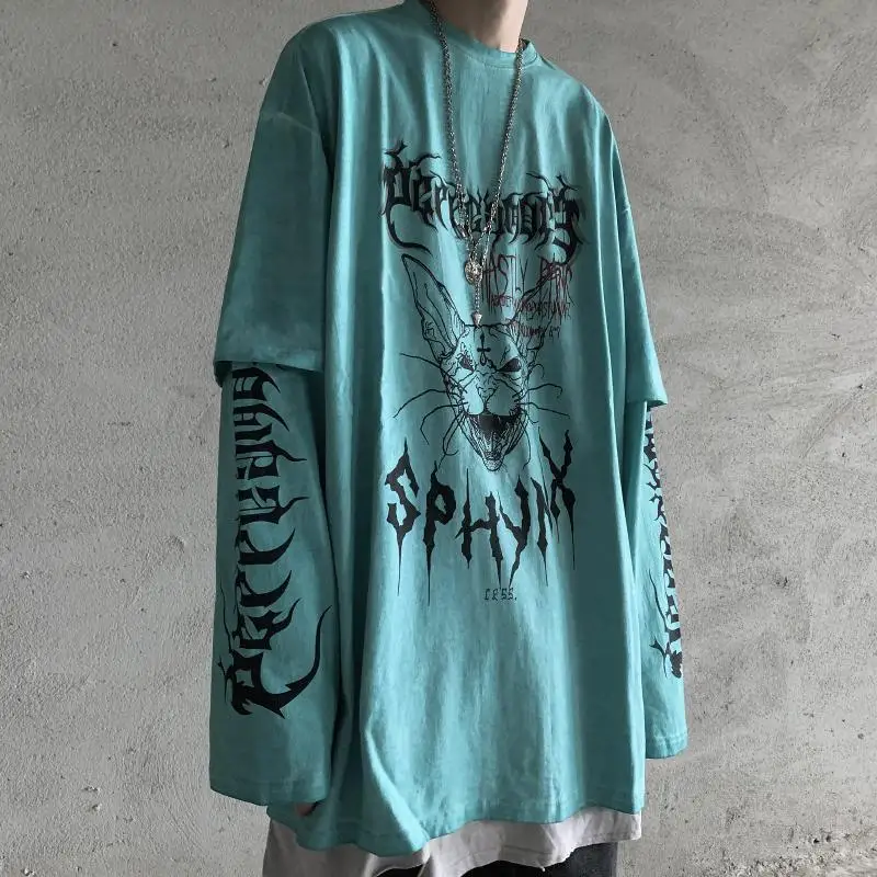 Top Trends: 2023 New Spring And Autumn Trend Made Old High Street Style Dark Gothic Print Fake Two Loose Retro Long Sleeve T-shirts Shoppable Styles