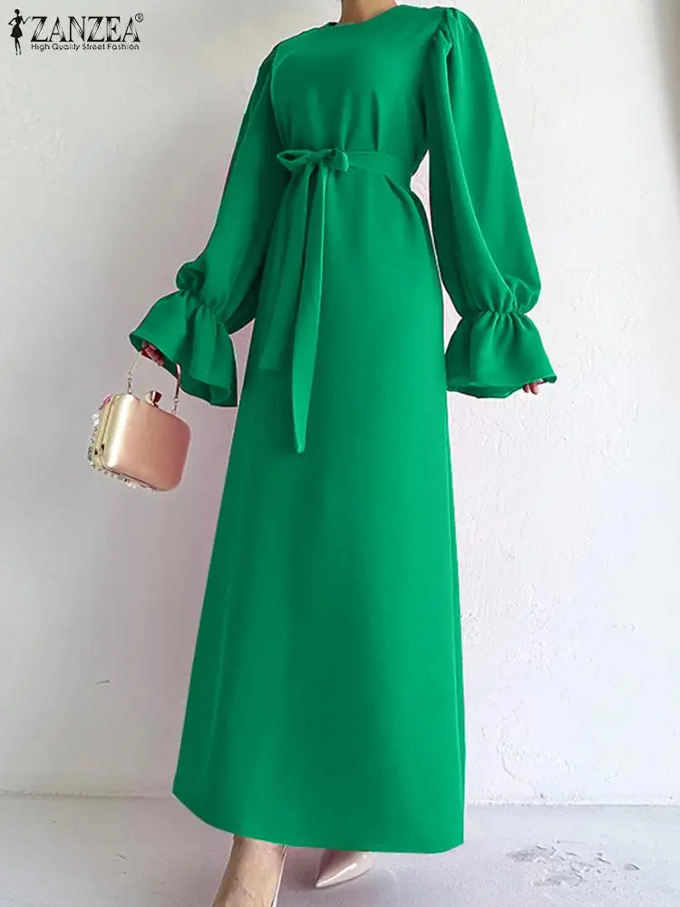 Top Trends: ZANZEA 2023 Autumn Maxi Long Dresses Fashion Long Sleeve Vestidos Women Vintage Belted Ruffled Cuff Dress Casual Round Neck Robe Shoppable Styles