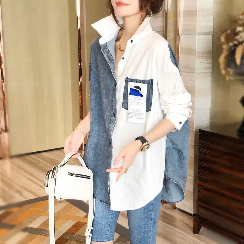 Top Trends: Streetwear Loose Denim Spliced Blouse Casual Asymmetrical Spring Autumn Long Sleeve Female Clothing Pocket Single-breasted Shirt Shoppable Styles