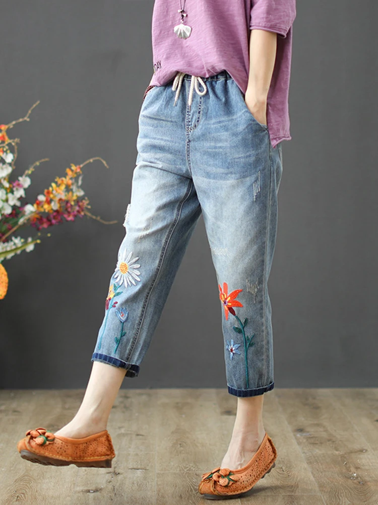 Top Trends: Max LuLu 2023 New Fashion Summer Ladies Elastic Jeans Women Casual Floral Embroidery Denim Trousers Female Oversized Harem Pants Shoppable Styles - Image 3