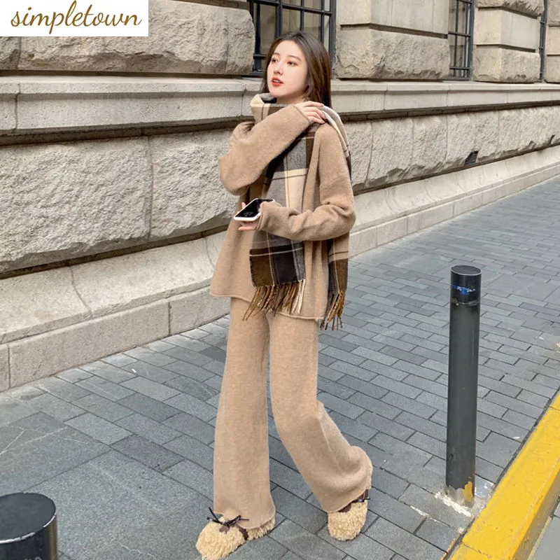 Top Trends: 2023 Autumn And Winter New Cashmere Sweater Knitted Sweater Loose Wide Leg Trouser Set Women&#039;s Korean Fashion Two Piece Set Shoppable Styles