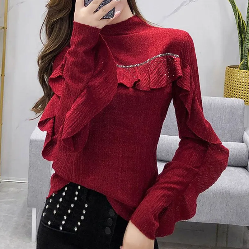 Top Trends: Stylish Solid Color Ruffles Spliced Shirt Spring Autumn Slim Basic Half High Collar Female Clothing Chic Diamonds Knitted Blouse Shoppable Styles