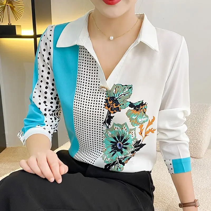 Top Trends: Women&#039;s Clothing Fashion Vintage Printed Spliced Long Sleeve Shirt Autumn Korean Casual Polo-Neck Beading Blouse For Female Shoppable Styles