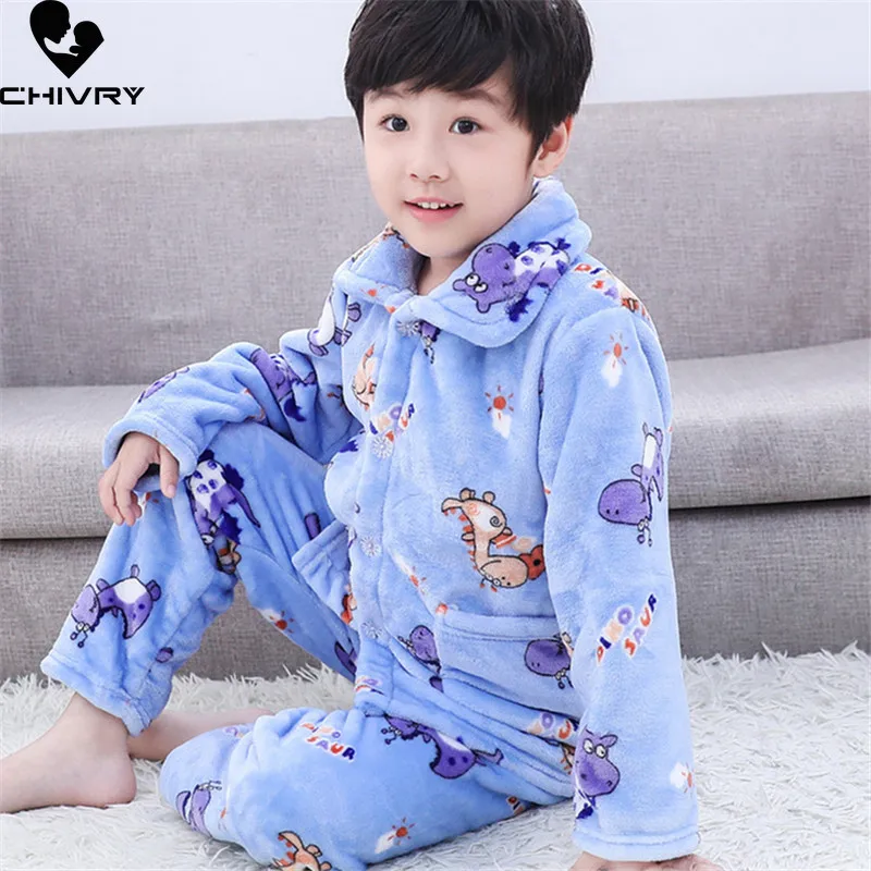 Top Trends: New Kids Flannel Pajama Sets Boys Girls Autumn Winter Thicken Warm Home Wear Cartoon Lapel Long Sleeve Sleeping Clothing Sets Shoppable Styles