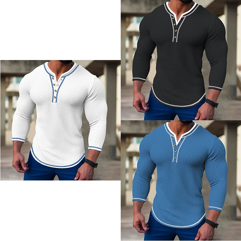 Top Trends: New Men's Waffle Solid Color T-shirt Long Sleeve V-cardigan Henry Neck Tee Tops Spring Autumn Casual Comfort Elastic Shirt Shoppable Styles - Image 5