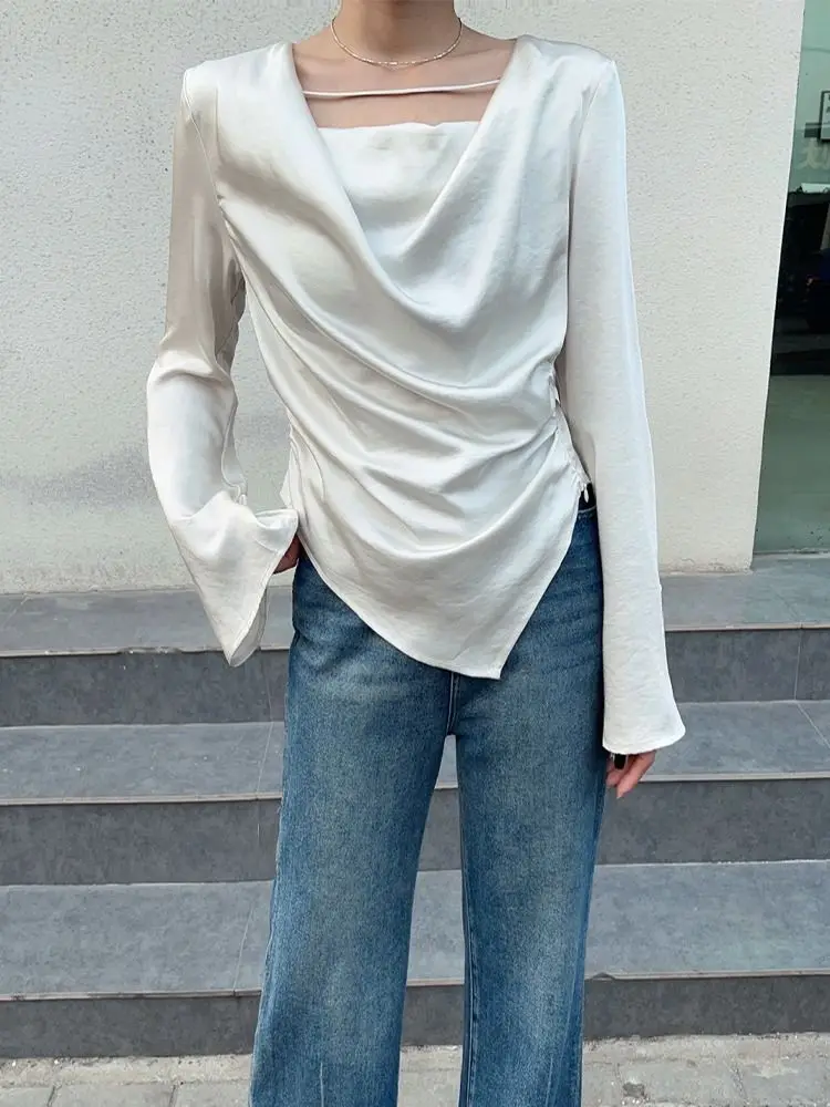 Top Trends: Deeptown Elegant Satin Blouses Women Flare Sleeve Shirts Office Ladies Old Money Aesthetic Pleated Casual Irregular White Tops Shoppable Styles - Image 5