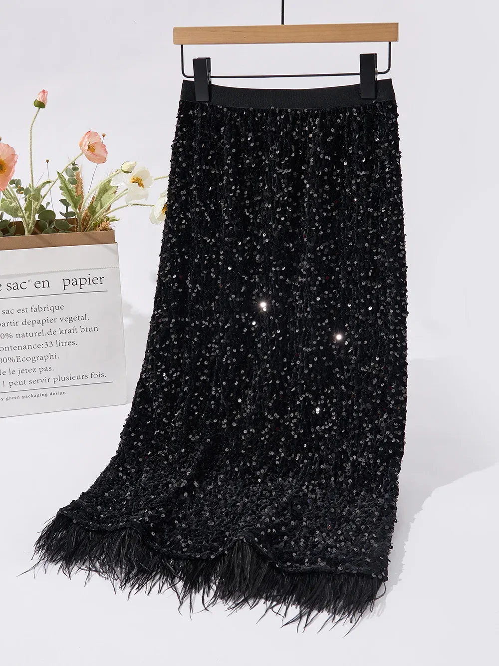 Top Trends: Women Black Sequined Feather Skirt 2024 Fall Winter Party Hip Skirt Slim Festival Female Chic Bottoms New High A-Line Skirts Shoppable Styles