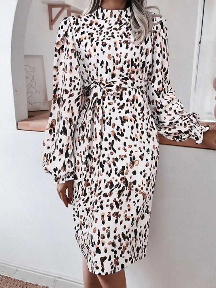 Top Trends: ZANZEA Elegant Leopard Print Sundress 2023 Women O Neck Long Puff Sleeve Party Dress Autumn Holiday Casual Vestidos Belted Robe Shoppable Styles