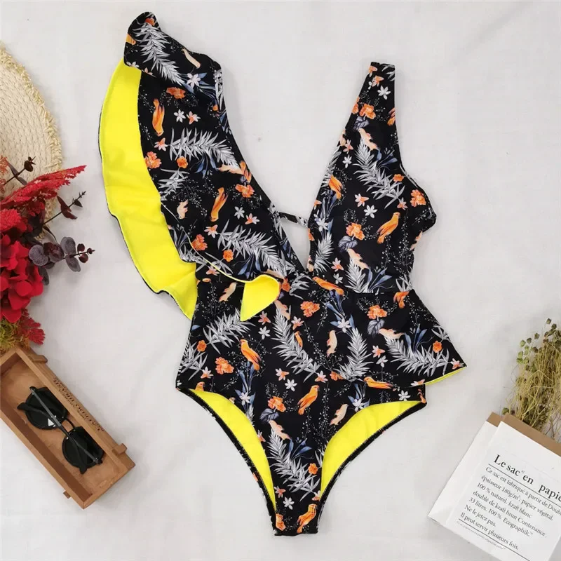 Top Trends: Sexy Ruffle Printed Push Up Sexy Deep V Neck Swimwear Female 2021 New Beachwear Women Backless Bathing Suit Party Club Clothing Shoppable Styles - Image 5