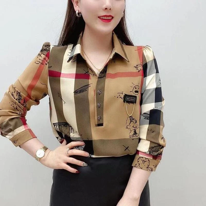 Top Trends: Spring New Plaid Printing Shirt Tops Long Sleeve Polo-Neck All-match Button Blouse Vintage Fashion Women Clothing Shoppable Styles