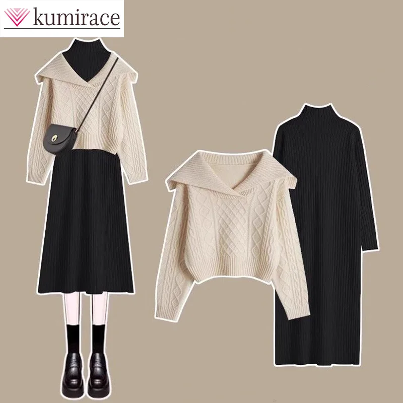 Top Trends: Autumn Set Women&#039;s 2023 New Style Versatile Sweater Knitted Simple Dress Fashion Two Piece Set Dress Set Swinter Clothes Women Shoppable Styles