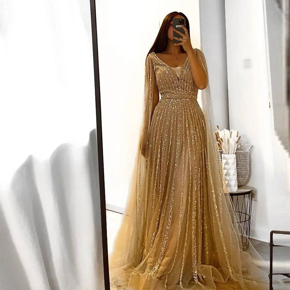 Top Trends: Sevintage Luxury Champagne Beading Sequined Prom Dresses V-Neck Long Sleeves A-Line Saudi Arabic Evening Gowns Formal Dress Shoppable Styles