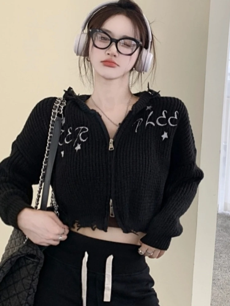 Top Trends: Deeptown Vintage Y2K Cropped Cardigan Women Harajuku Kpop Hollow Out Knitted Sweater Korean Fashion Zipper Knitwear Tops Grunge Shoppable Styles