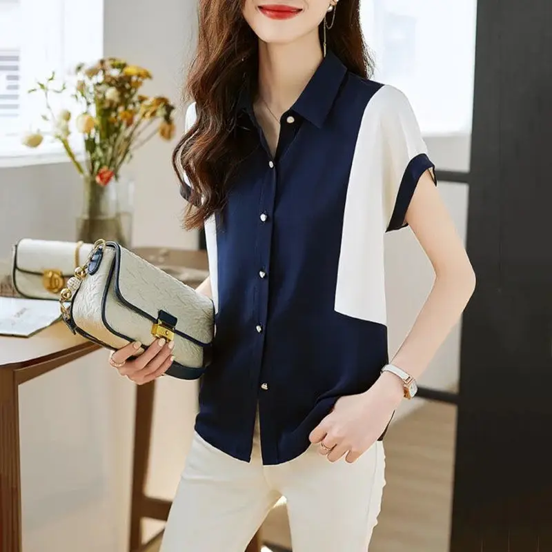 Top Trends: Elegant Women&#039;s Button Shirt Summer New Fashion Korean Contrasting Colors Spliced Polo-Neck Blouse Short Sleeve Female Clothing Shoppable Styles