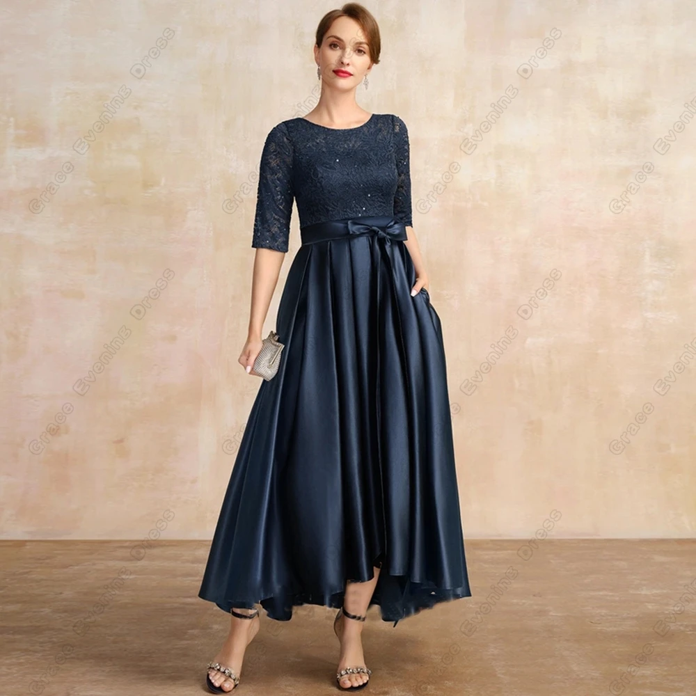 Top Trends: Navy Blue Half Sleeve Mother Of Bride Dresses With Lace Scoop Satin Ankle Length Wedding Party Dresses Belt Vestido De Novia Shoppable Styles