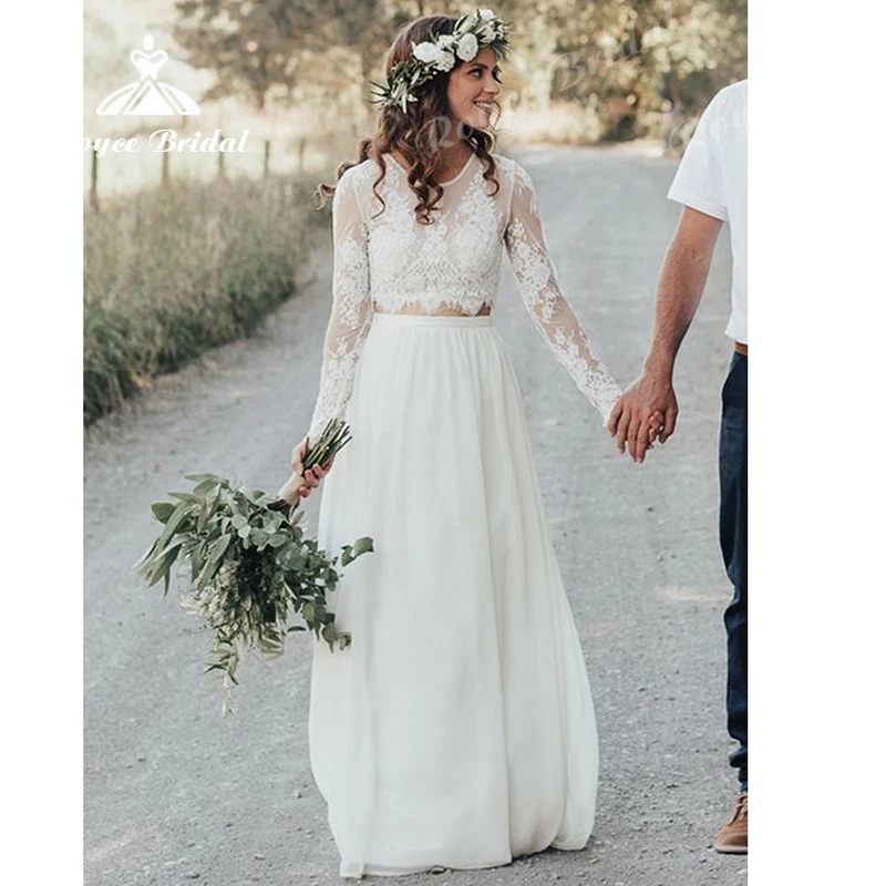 Top Trends: Two Pieces Boho A Line Wedding Dress 2022 Chiffon Bridal Gown Full Cap Sleeve Sweep Button O-Neck Floor-Length Appliques Lace Shoppable Styles