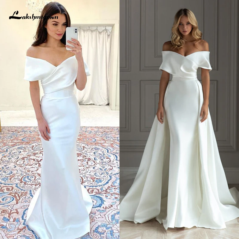 Top Trends: 2 In 1 Detachable Train Sweetheart Off The Shoulder Pleat Mermaid Wedding Dress Satin Bridal Gown Sweep Backless Robes De Soirée Shoppable Styles