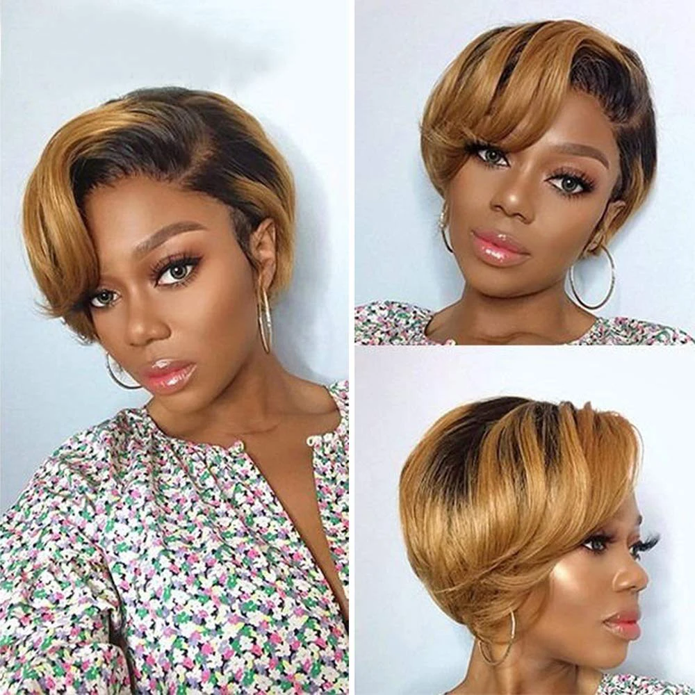 Top Trends: Short Pixie Cut Wig Cheap Human Hair Wigs Straight Bob Wigs With Bangs Full Machine Human Hair Wig For Black Women Black &amp; Ombre Shoppable Styles