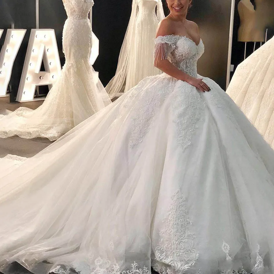 Top Trends: Luxury Beaded Lace Wedding Dresses 2023 New Elegant Off Shoulder Tulle Bridal Wedding Gowns Sweetheart Princess Bridal Dress Shoppable Styles